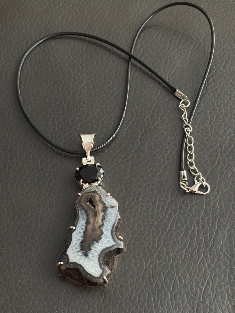 Black Agate Druzy and Onyx Pendant Necklace